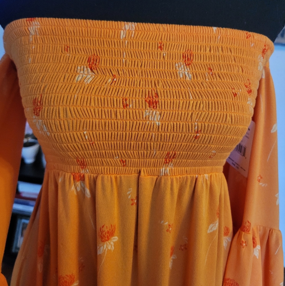FREE PEOPLE Lana Off The Shoulder Bell Sleeves Orange Smocked Tunic NWTS Size XS - Picture 8 of 13